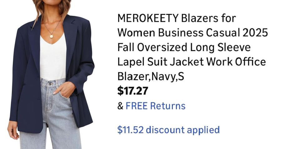 woman wearing navy blazer next to Amazon pricing information