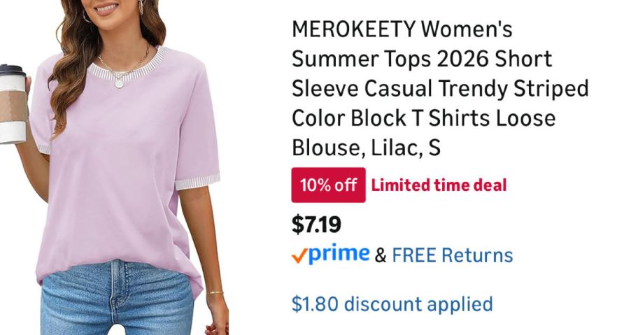 woman wearing purple shirt next to Amazon pricing information
