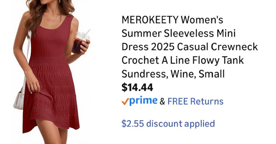 woman wearing red dress next to Amazon pricing information