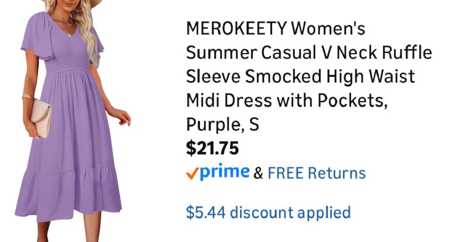 woman wearing purple dress next to Amazon pricing information