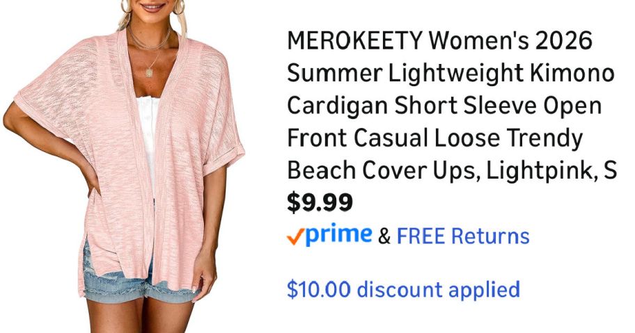 woman wearing pink kimono next to Amazon pricing information
