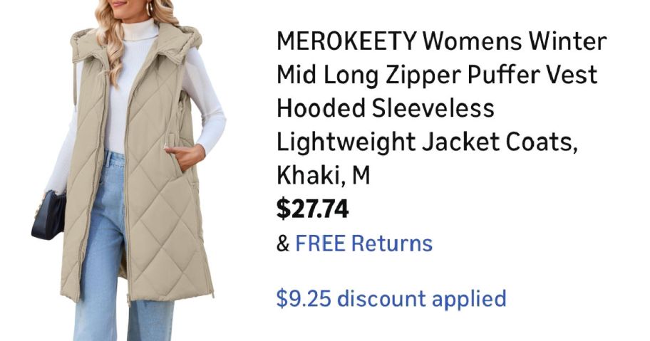 woman wearing tan puffer vest next to Amazon pricing information