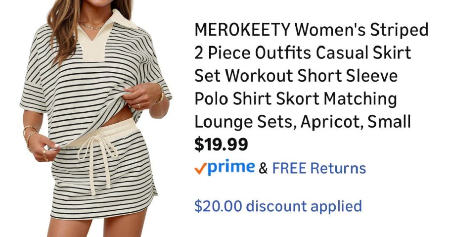 woman wearing striped outfit next to Amazon pricing information