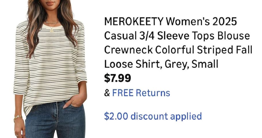 woman wearing striped shirt next to Amazon pricing information