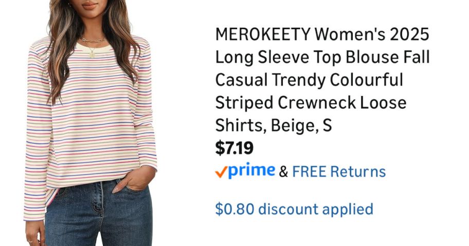 woman wearing striped shirt next to Amazon pricing information