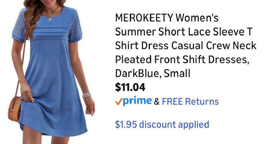 woman wearing blue dress next to Amazon pricing information