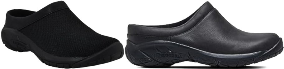 Two black clogs are displayed side by side. The left clog features a mesh upper, while the right has a sleek leather finish.