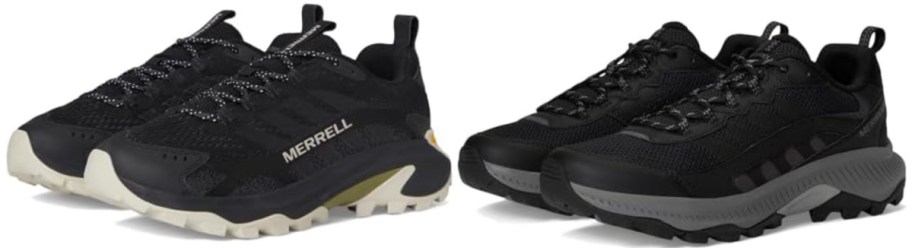 Two pairs of black hiking shoes are displayed. The left pair features a beige sole with the "Merrell" logo, while the right pair has a dark gray sole. Both pairs have textured, rugged designs.