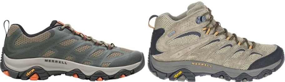 A side-by-side view of two Merrell hiking shoes. The left is a low-cut, green-grey sneaker with orange accents; the right is a beige mid-cut boot with rugged detailing.
