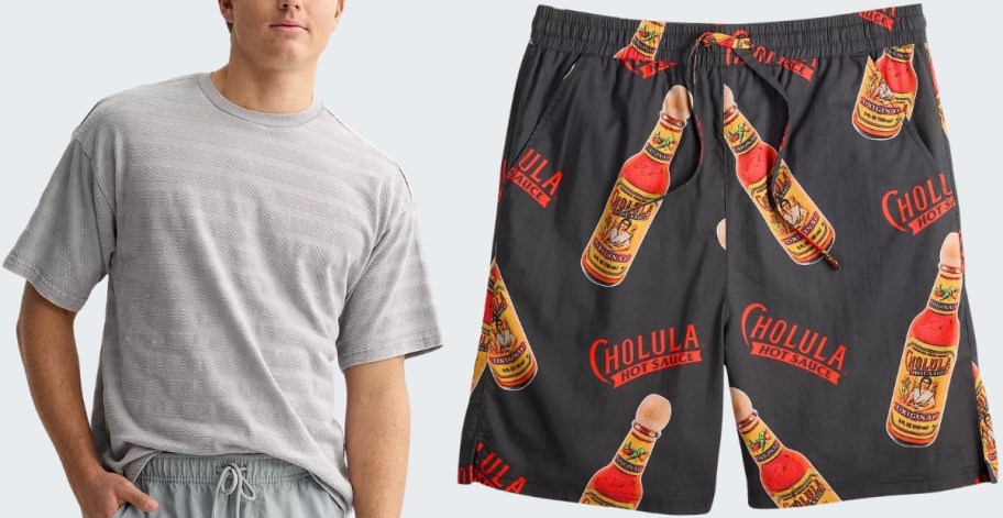 a man in a gray tee and a pair of choula print shorts