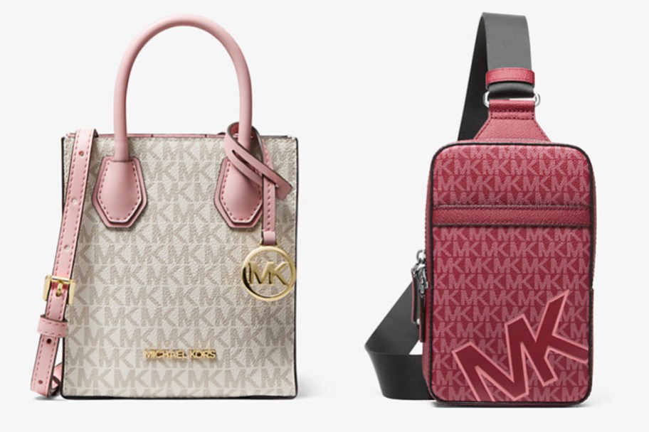 square bag with pink handles and pink sling bag