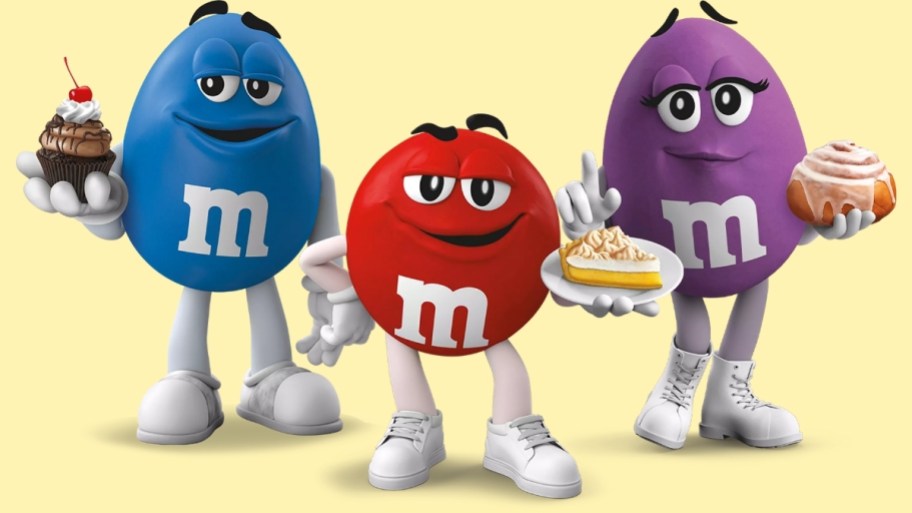 3 m&ms characters each holding a dessert