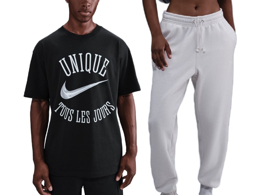 A man and a woman wearing Nike clothing.