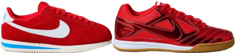 Two Nike shoes. One is red and one is metalic red.