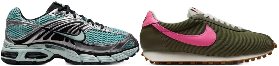 Two Nike shoes. One is teal and one is dark green with a pink swoosh.