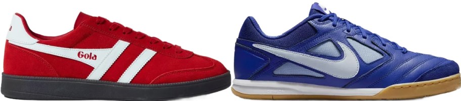 Two Nike shoes. One is red with a white swoosh and one is dark blue with a white swoosh.