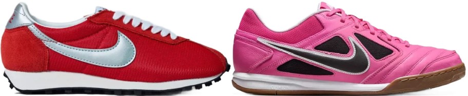 Two Nike shoes. One is red and one is pink.
