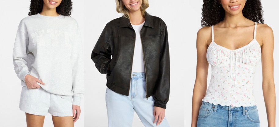 Woman wearing gray sweatshirt, black leather jacket, and white cami 