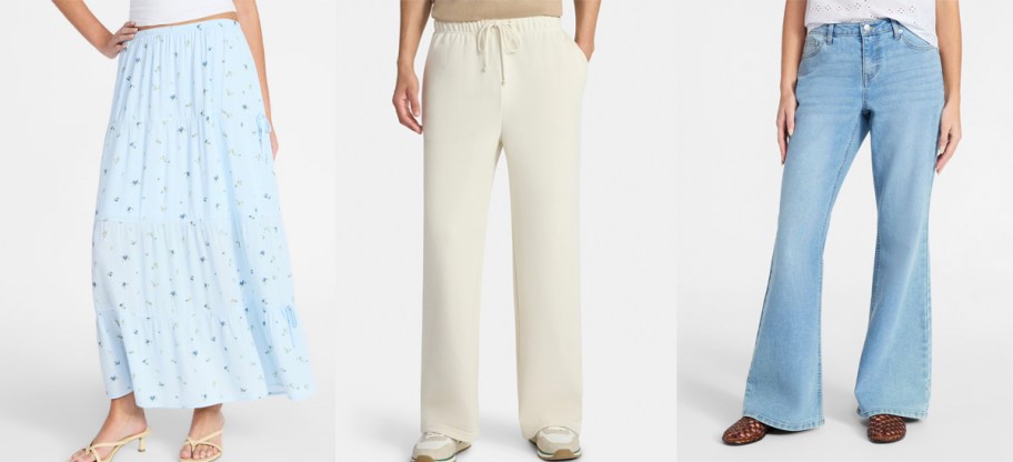 Girl wearing a blue skirt, white sweatpants and blue jeans 