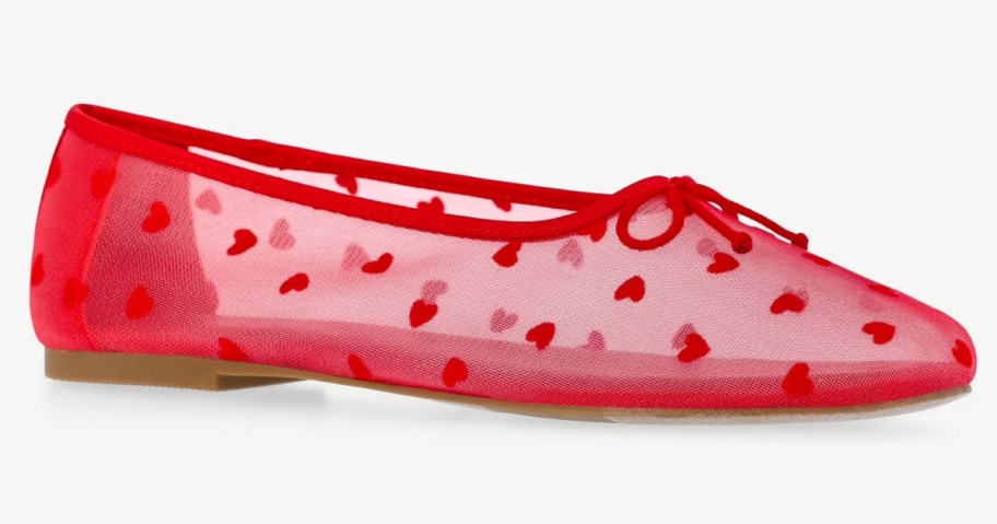 red mesh ballet flat with heart embellishments