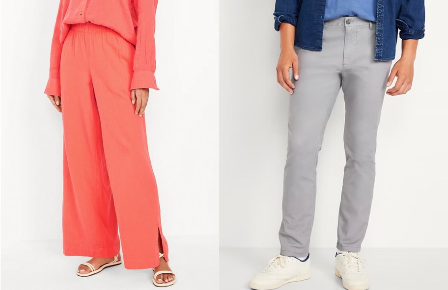 woman wearing orange pants and man wearing gray pants 