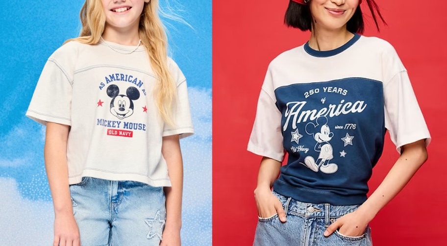girl in white and woman in blue disney tees 