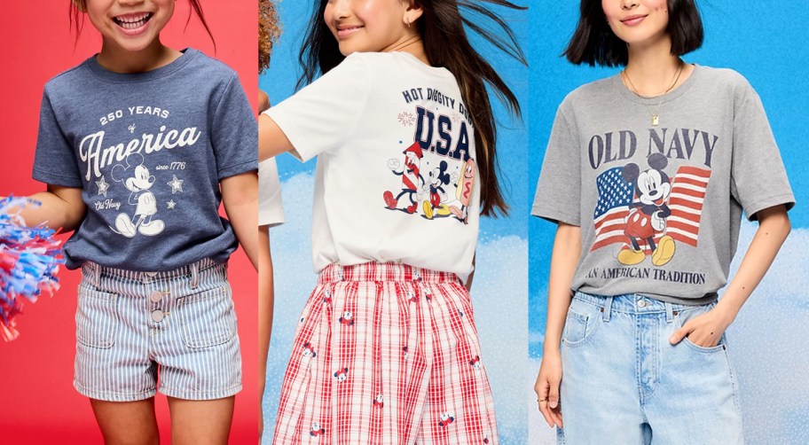 kids in blue and white and woman in gray disney tees