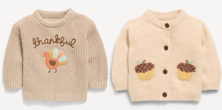 tan turkey and acorn baby sweaters 