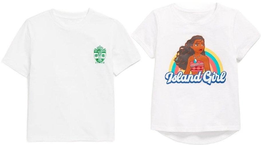 Two white shirts: the left features a small green tribal mask, while the right shows an illustration of Moana with "Island Girl" text and rainbow backdrop.