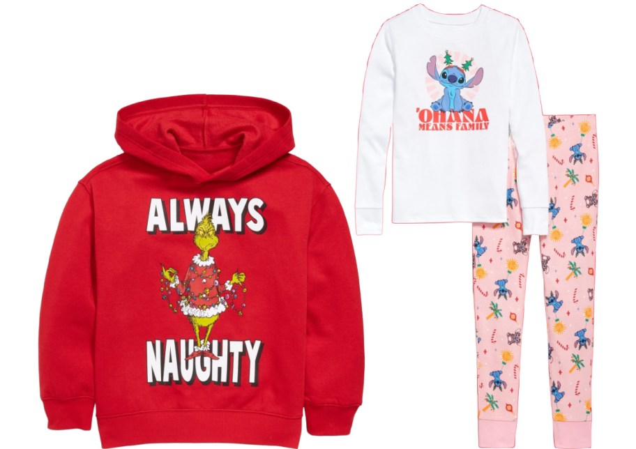 Red hoodie with "Always Naughty" text and Grinch graphic next to white top with Stitch and "Ohana Means Family" text, paired with pink Stitch-patterned pants.