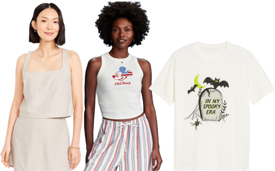 Two women stand side by side, dressed in casual outfits. The first wears a beige sleeveless top and shorts, the second a white tank top with an Old Navy graphic and striped pants. Beside them is a white t-shirt featuring a Halloween-themed graphic with bats and the text "In My Spooky Era."