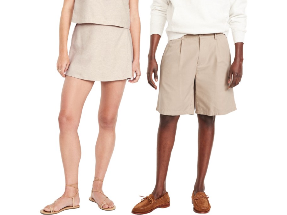 Two people stand side by side. On the left, a person in a beige skirt and sandals. On the right, a person in tan shorts and brown loafers.