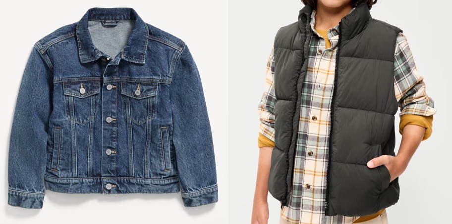 blue jean jacket and boy wearing black puffer vest 