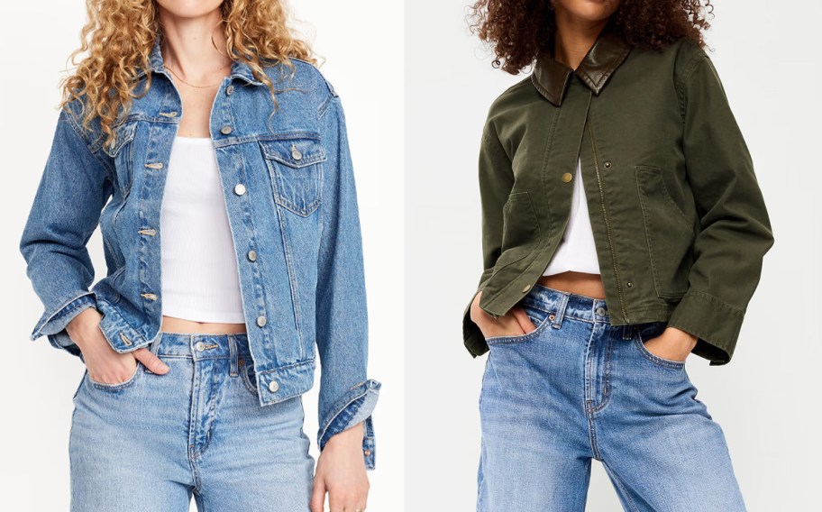 women wearing blue and green jean jackets 