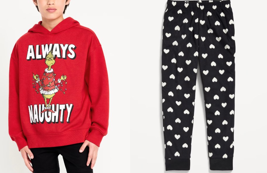 kid wearing red grinch sweater and black polka dot pants 