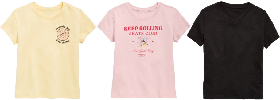Three T-shirts are shown: a yellow one with "Friends are Everything," a pink one with a skate graphic saying "Keep Rolling Skate Club," and a plain black one.