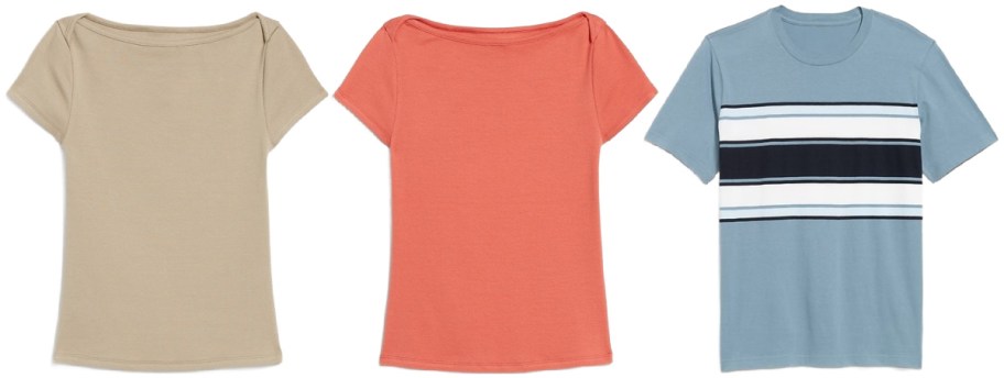 Three T-shirts are displayed against a white background. From left to right: beige with cap sleeves, coral with cap sleeves, and blue with white and black stripes.