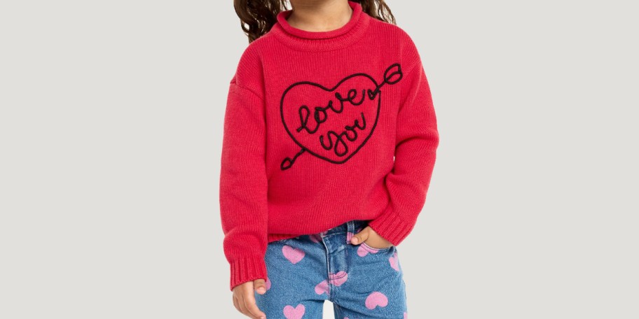 girl wearing red love you sweater 