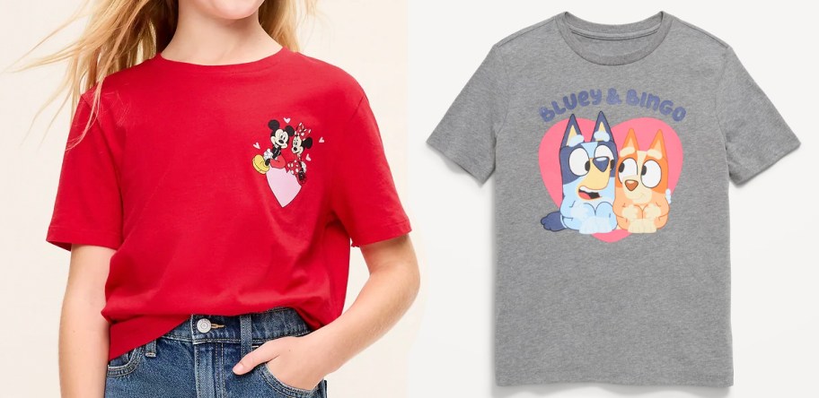 red minnie and gray bluey tshirts 
