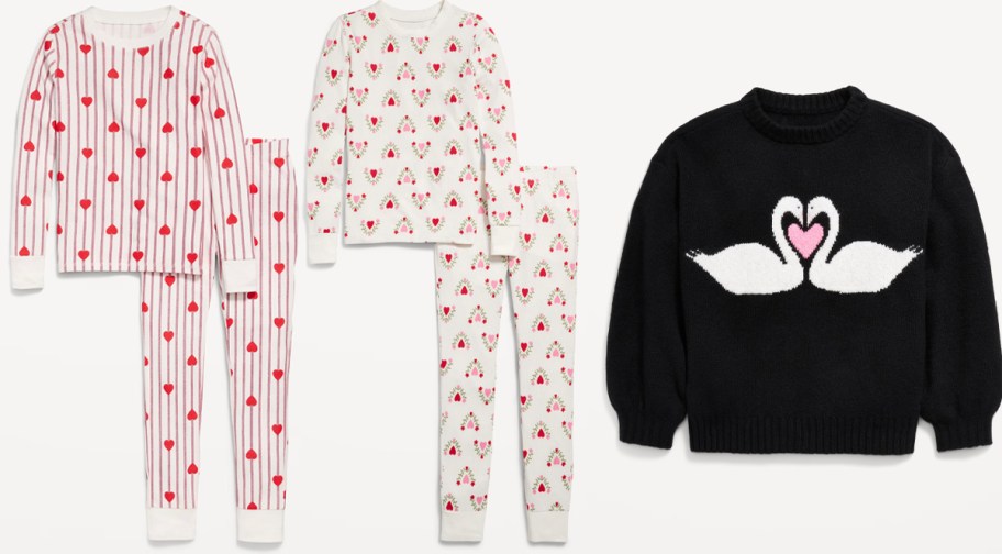 two white hearts pajama sets and black swan sweater 