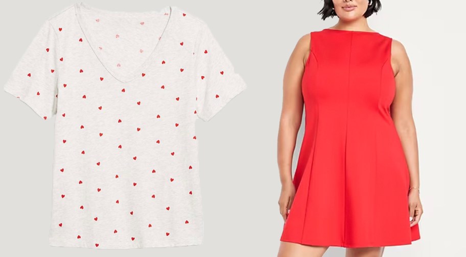 heart tee and woman wearing red dress
