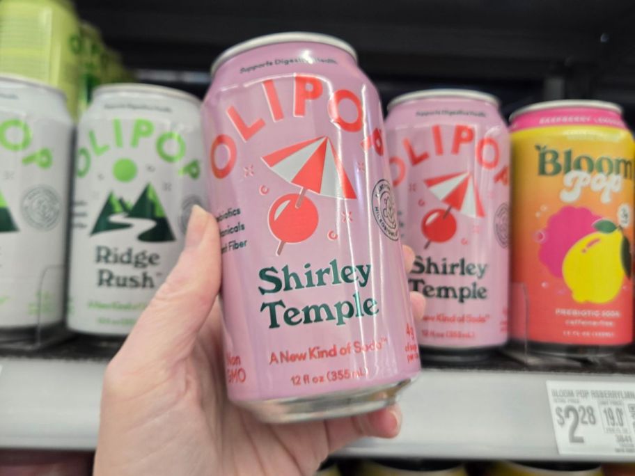 Olipop Prebiotic Soda 12oz Shirley Temple can in hand in store