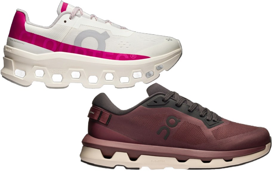 Two On Cloud shoes. One pink and white and one maroon.