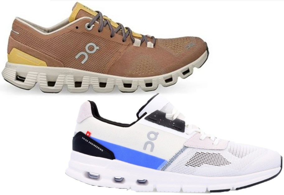 brown and white on cloud shoes 