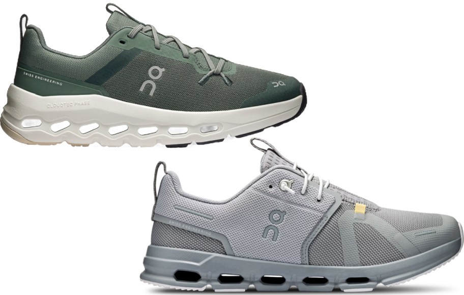 Two On Cloud shoes. One green and one gray.