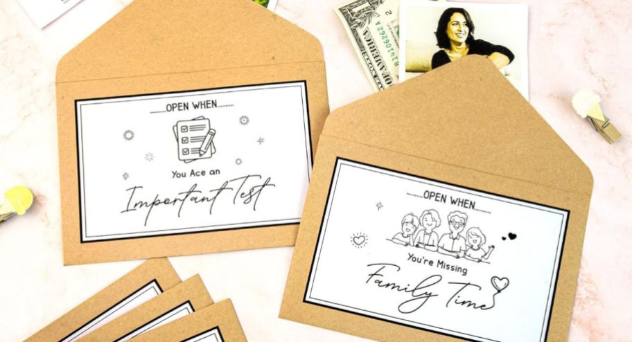 envelopes with "open when..." messaging on the front