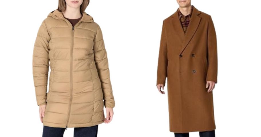 a woman and a man wearing amazon essentials outerwear