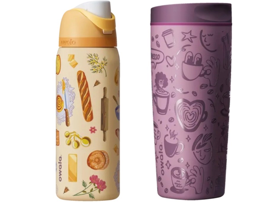 tan and purple owala tumblers