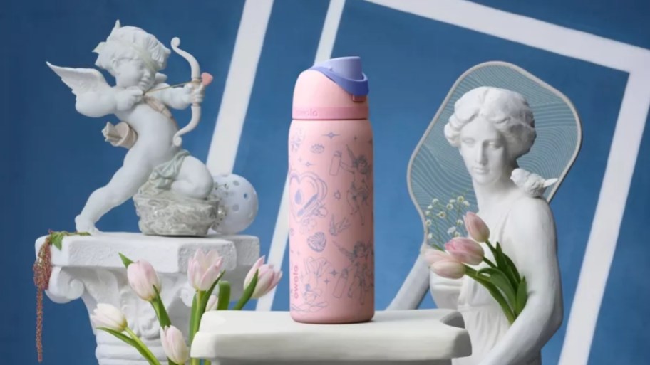 owala valentines print bottle on a pedastal with classical cherub sculptures