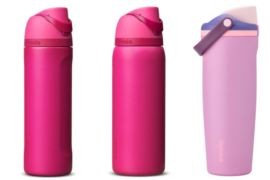 two dark pink and one purple tumbler